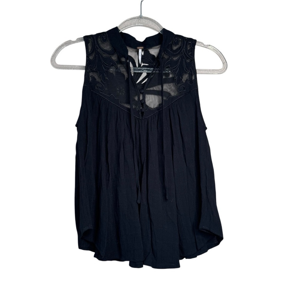 Free People Western Romance Mesh Lace Applique Tank Top Blouse Black Womens XS